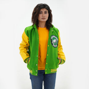 Close up of women Eagles hooded varsity jacket ribbed cuffs details with kelly green and yellow construction for NFL fans