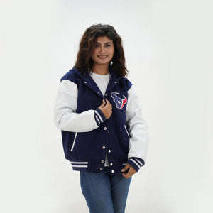 Side angle of women Houston Texans hoodie jacket showcasing white leather sleeves and navy wool body styling for female football fans