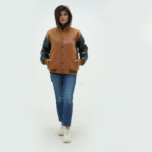 Front view of women LA hooded varsity jacket displaying tailored fit available in sizes XS to 6XL for female Los Angeles supporters