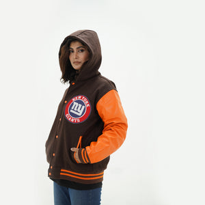 Side angle of women New York Giants hoodie jacket showcasing hood styling with brown wool body and old gold leather arms for ladies