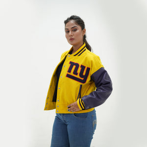 Side angle of women New York Giants letterman jacket showcasing purple leather arms and premium yellow wool body for female football fans