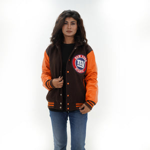 Front view of women NY Giants hooded varsity jacket displaying tailored women fit with brown wool and gold leather construction