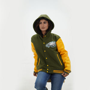 Full length view of women Philadelphia Eagles letterman jacket featuring tailored styling with customizable number options