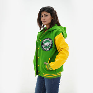 Side profile of women Philadelphia Eagles varsity hoodie jacket with hood up showcasing midnight green wool and black trim for ladies