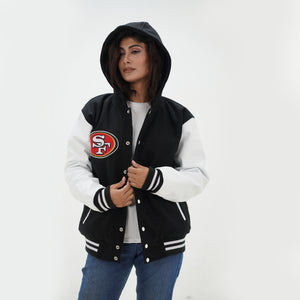 Front view of women San Francisco 49ers hooded jacket displaying varsity style with navy and white construction for ladies football fans