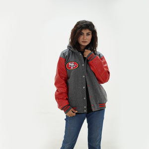 Three quarter view of women San Francisco hooded jacket highlighting premium wool body and genuine red leather sleeve construction