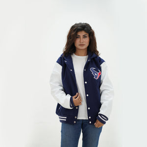 Detail shot of women Texans varsity hoodie showing premium construction with navy wool body white leather arms for Houston game day style