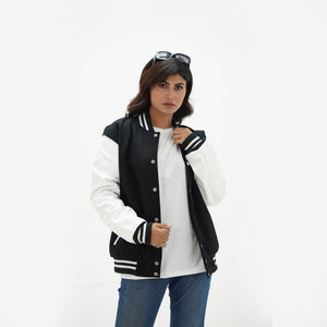 Women's black and white wool leather jacket full body fit - featuring snap buttons, side pockets, and classic ribbed waistband