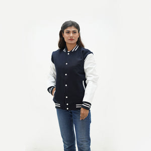 Women's dark blue wool leather jacket full body fit - feminine tailored silhouette with leather arms, side pockets, and classic ribbed waistband