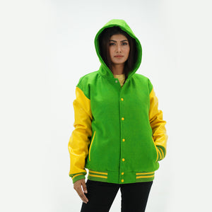 Three-quarter angle of women's kelly green varsity hoodie with integrated hood and yellow leather sleeves showing wool construction