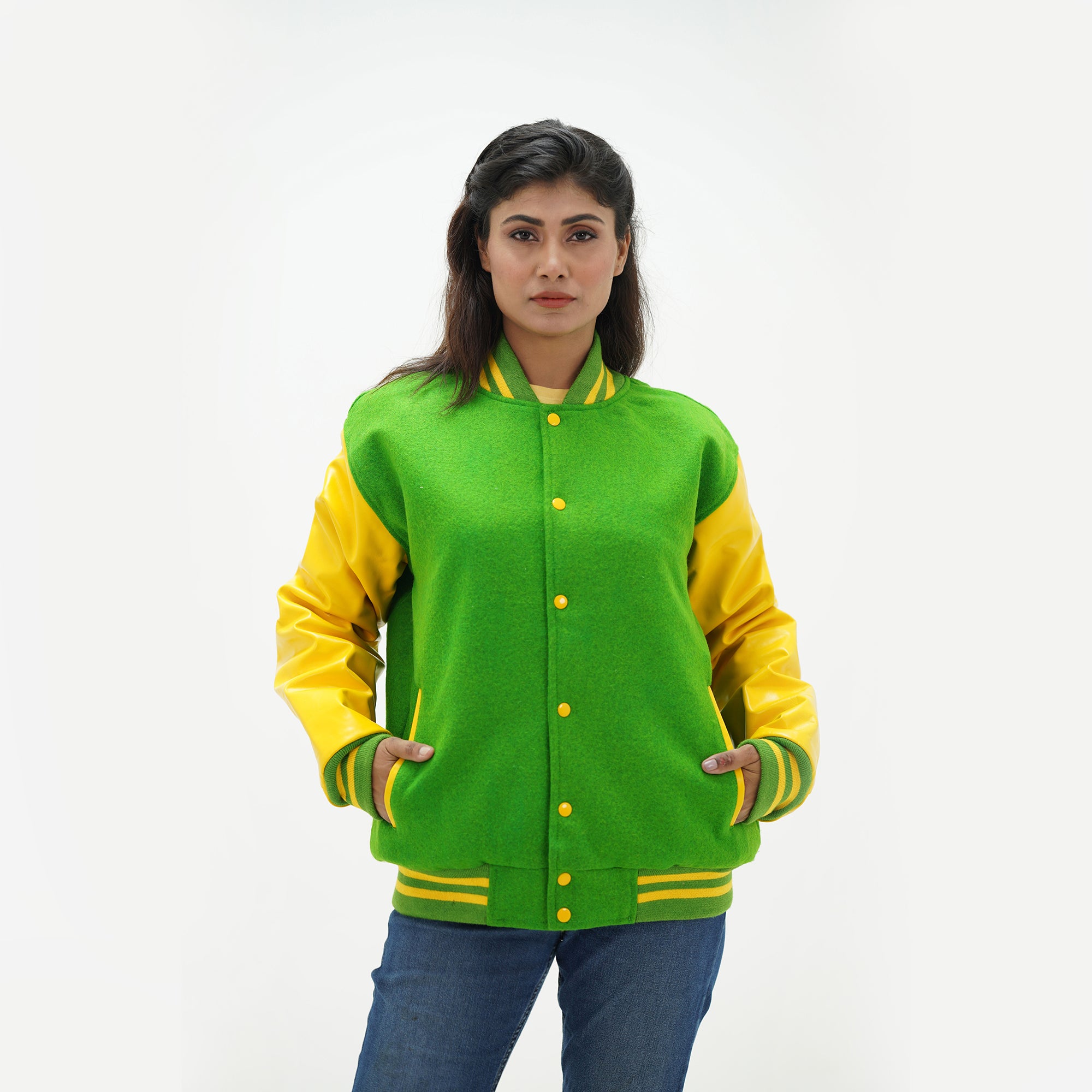 Women's kelly green varsity jacket - displaying vibrant kelly green wool body with leather sleeves and ribbed hem detail