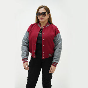 Full display of women's magenta and gray letterman jacket showcasing complete fit, premium wool-leather construction, and vibrant magenta-gray color combination