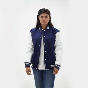 Women's navy blue wool leather jacket full body fit - featuring classic navy body, leather arms, side pockets, and ribbed waistband
