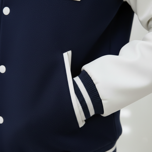 Navy blue varsity jacket with white sleeves and buttons on a plain background