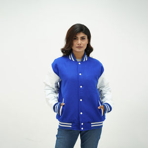 Women's wool letterman jacket in royal blue with genuine leather sleeves - perfect for campus fashion