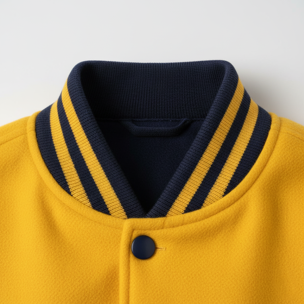 Close-up of a yellow jacket with navy striped collar on a light gray background