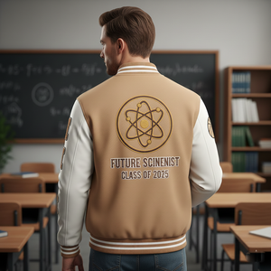 Person wearing a beige letterman jacket with 'Future Scienist Class of 2025' design in a classroom setting
