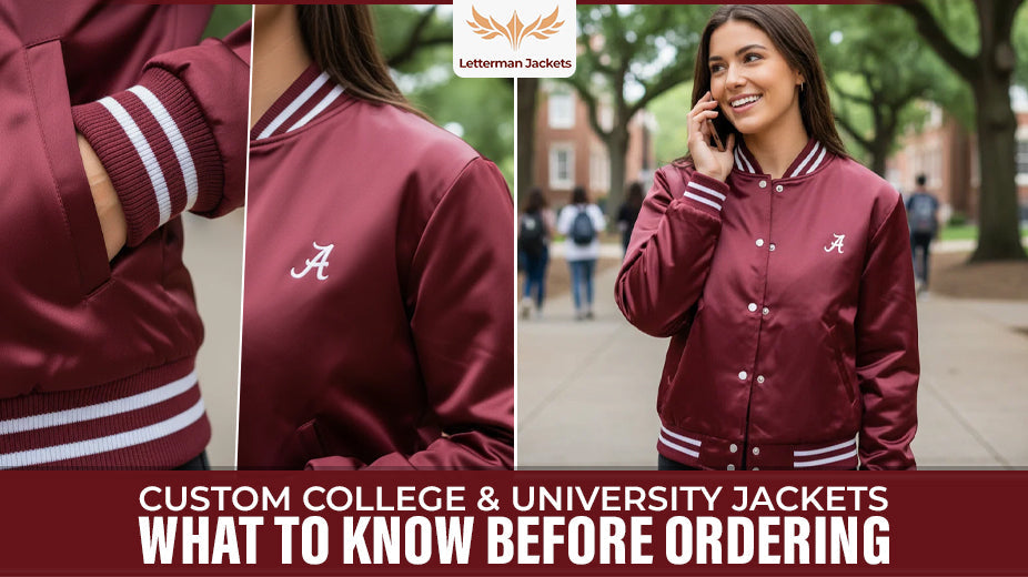 Custom college jackets with university colors and personalized designs