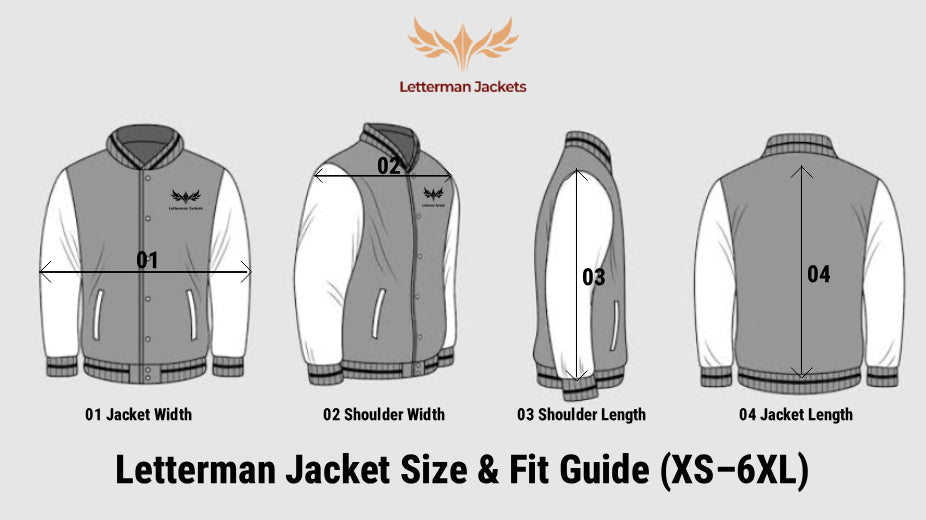 Letterman jacket size and fit guide showing how to measure for the perfect fit