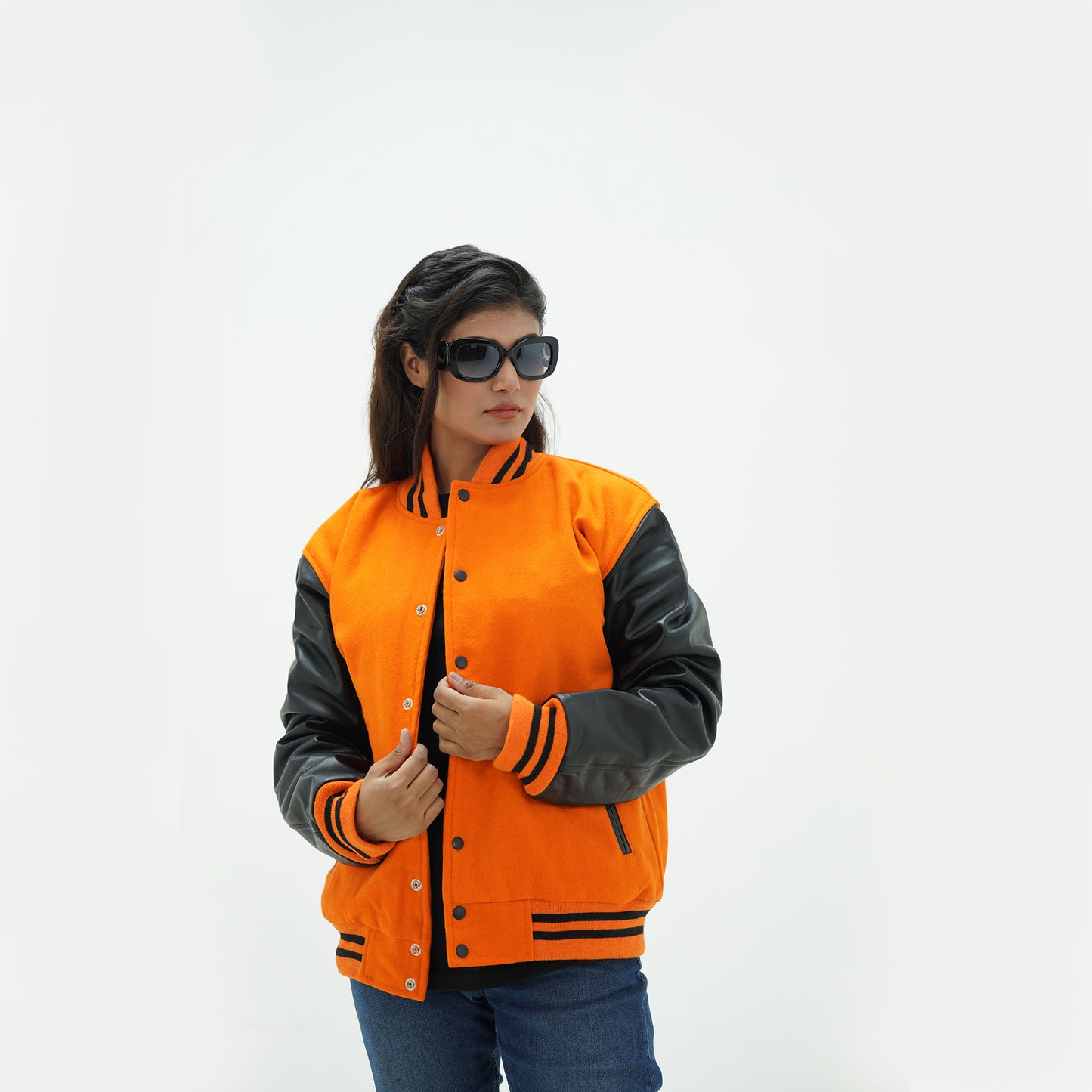 Women's Orange Wool Body And Black Leather Sleeves Varsity Jacket