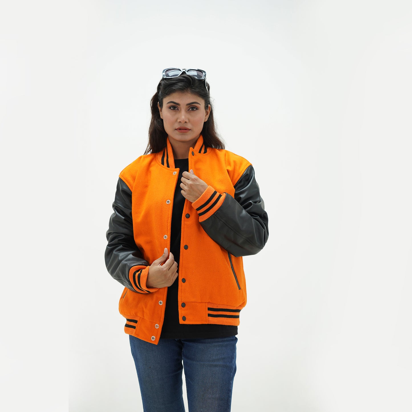 Women's Orange Wool Body And Black Leather Sleeves Varsity Jacket