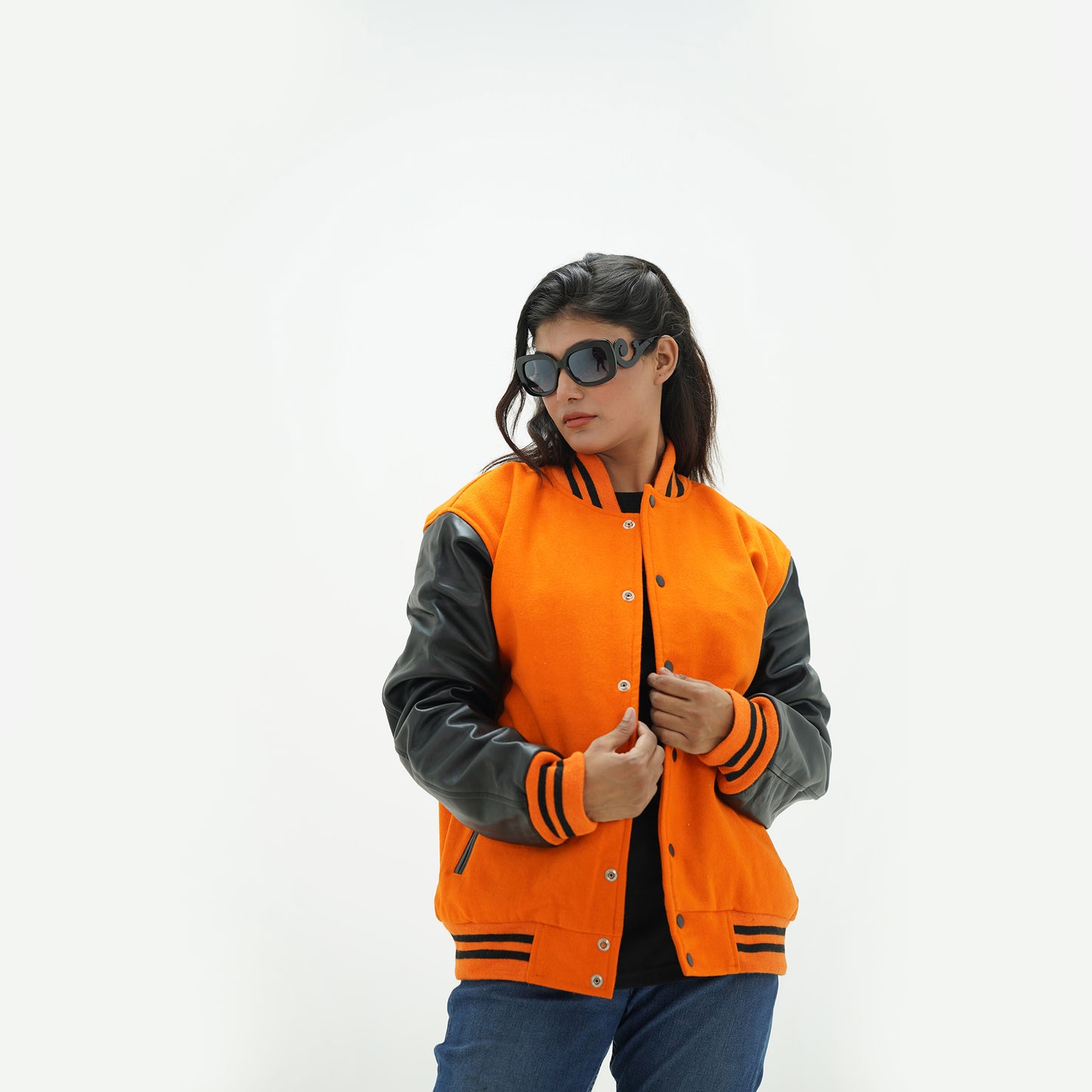 Women's Orange Wool Body And Black Leather Sleeves Varsity Jacket