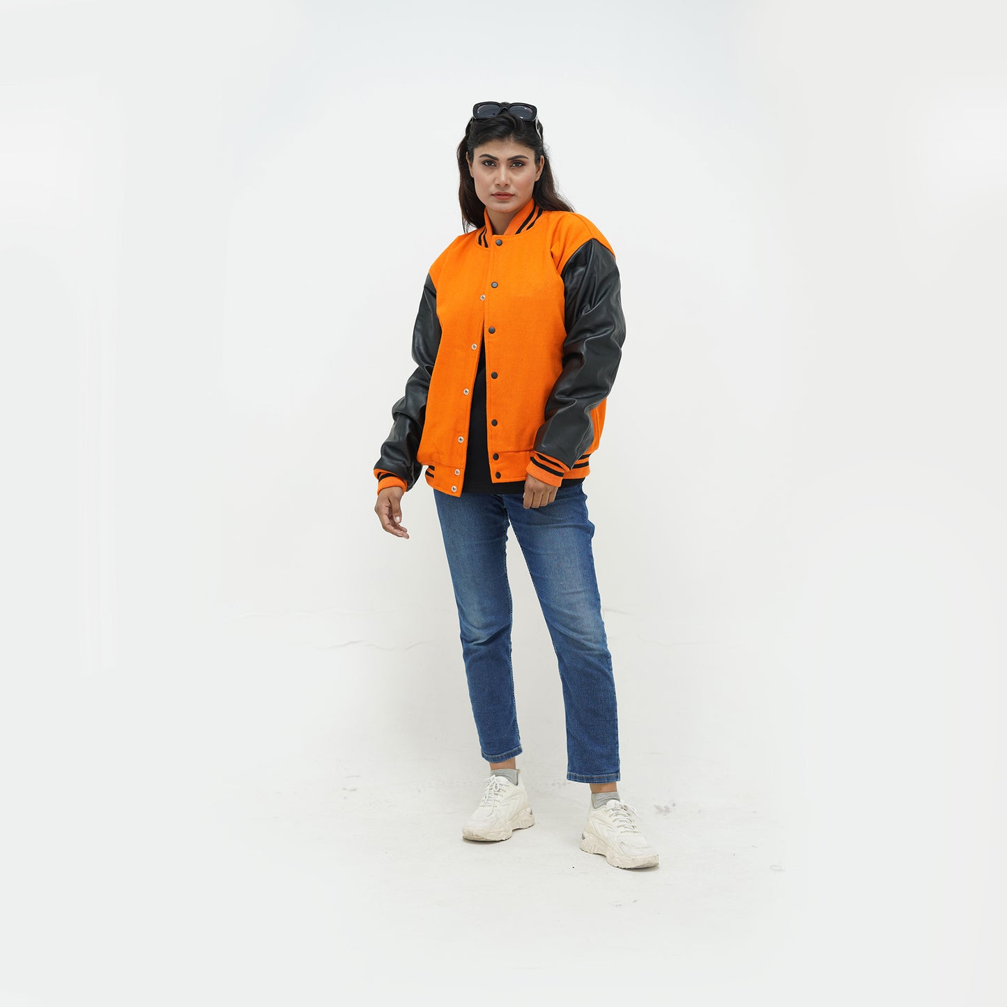 Women's Orange Wool Body And Black Leather Sleeves Varsity Jacket