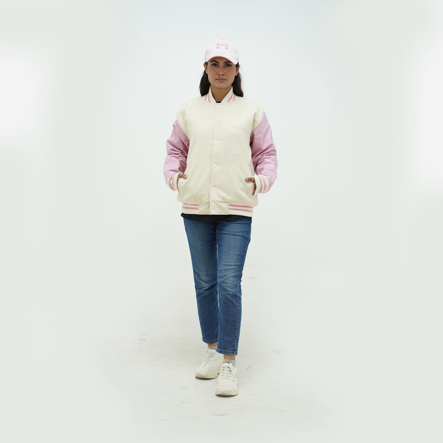 Off White And Pink Letterman Jacket Women's Leather Arms And Wool Body Varsity Jacket