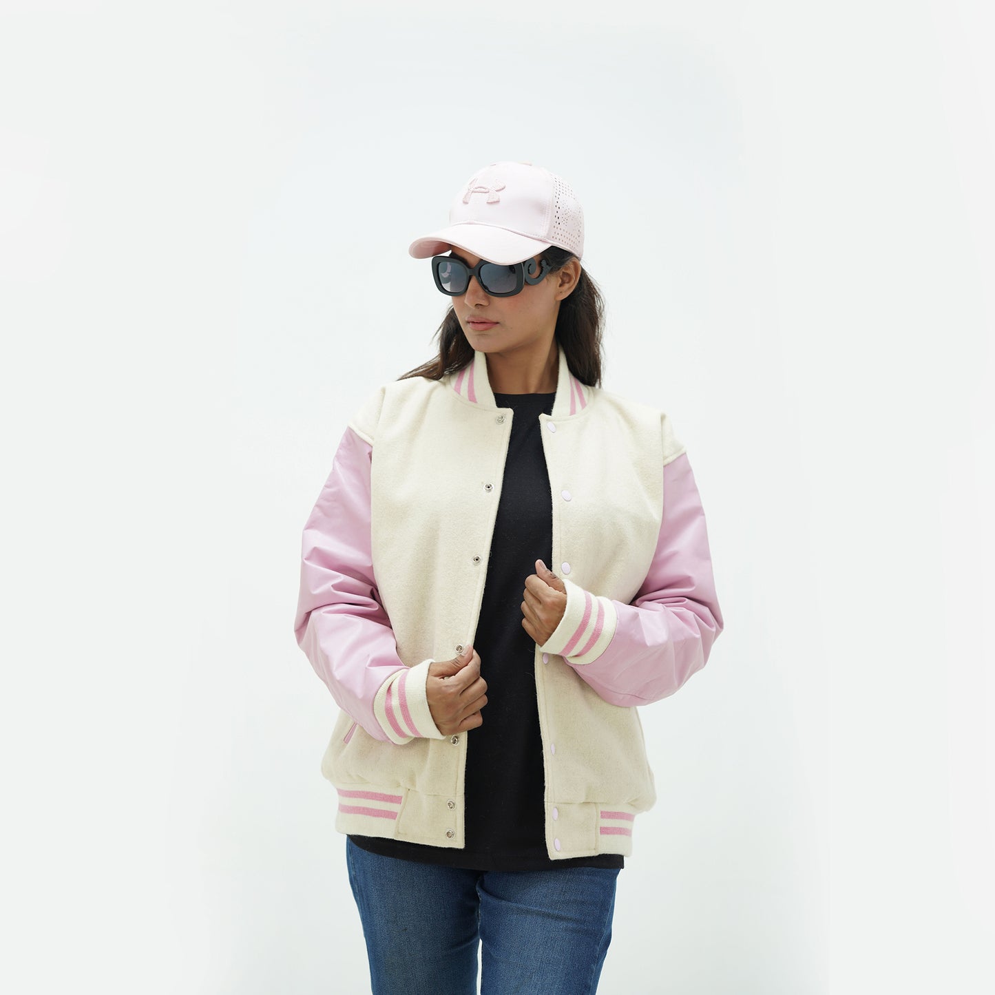 Off White And Pink Letterman Jacket Women's Leather Arms And Wool Body Varsity Jacket