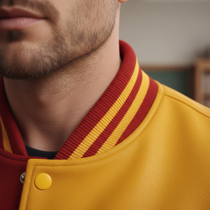 Close-up of a person wearing a yellow and red varsity jacket.