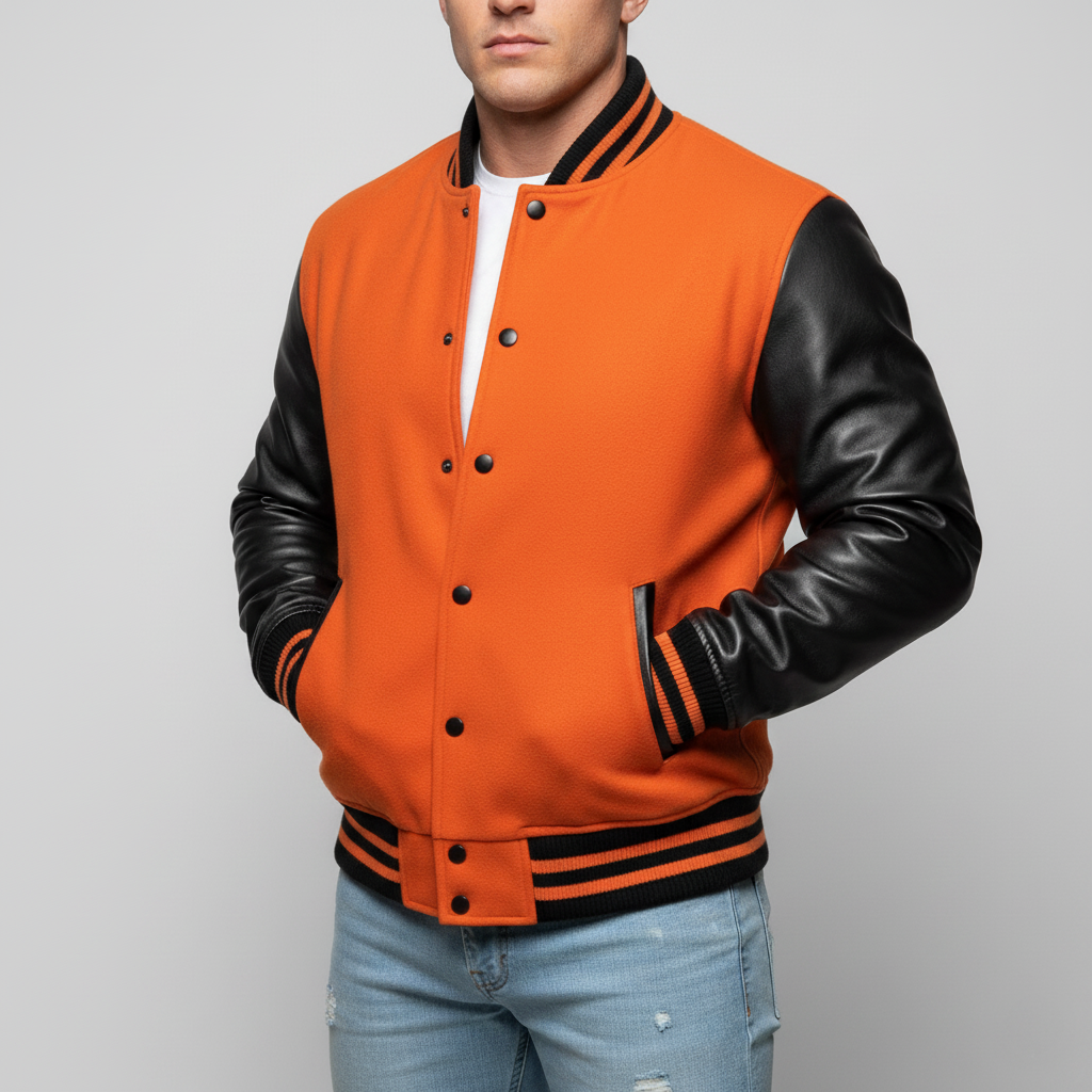 Orange And Black Letterman Jacket – Wool & Leather Varsity Style Jacket