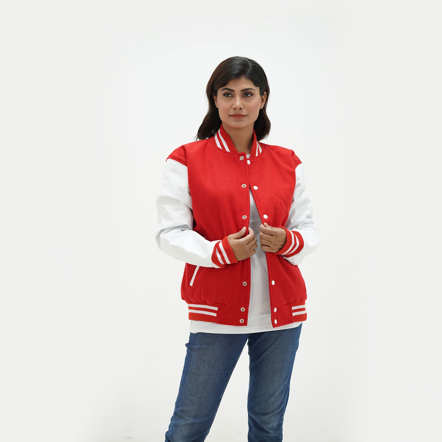 Women's Red And White Letterman Jacket Leather Arms And Wool Body