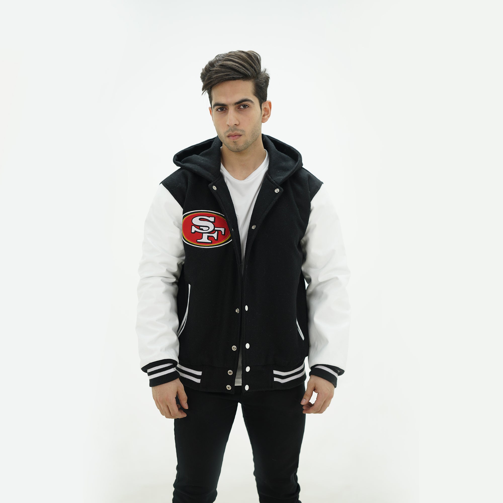 Front view of 49ers hooded varsity jacket with customizable embroidery options and premium black wool white leather construction