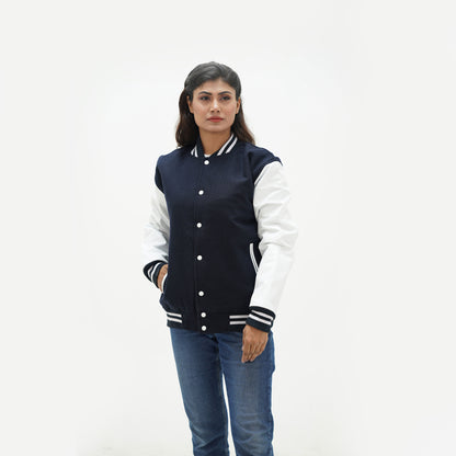 Women's Dark Blue And White Letterman Jacket Wool Body And Leather Sleeves