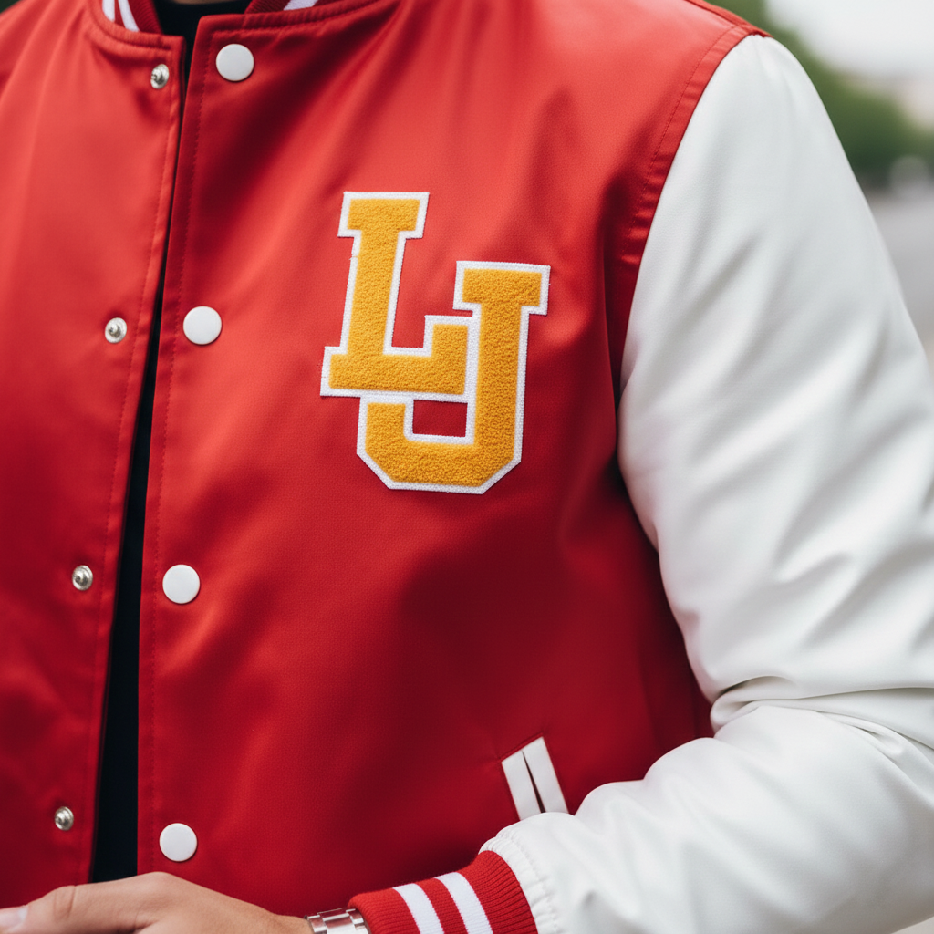 Close-up of varsity bomber jacket LJ logo embroidery and stylish premium quality stitching