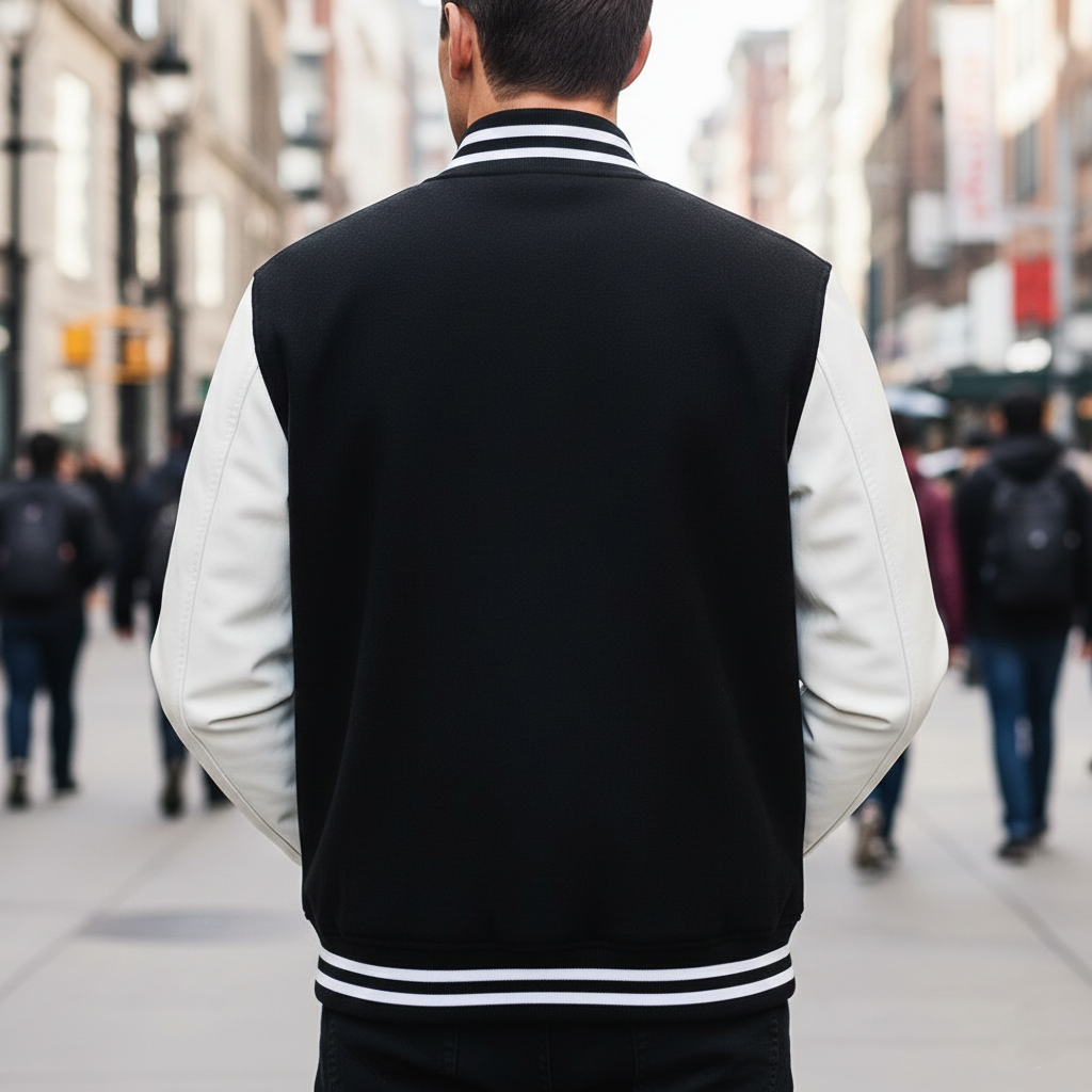 Person wearing a black and white varsity jacket walking down a city street. Showing from back