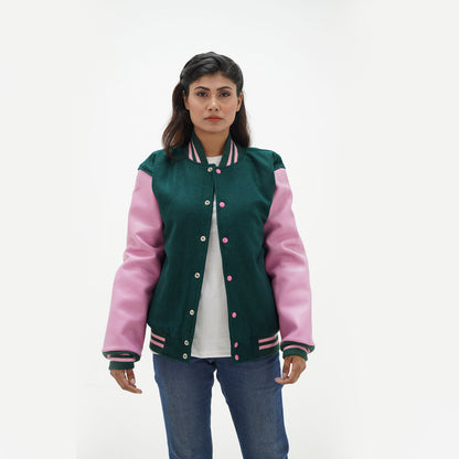 Women's Dark Green Baseball Varsity Letterman Jacket Leather Arms And Wool Body