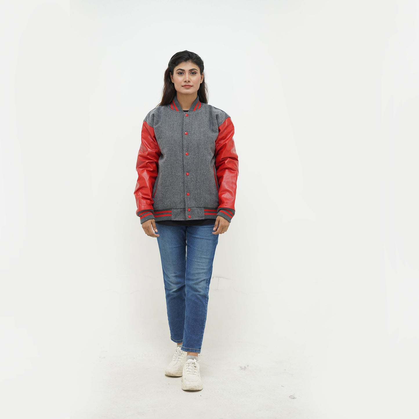 Women's Letterman Jacket Grey And Red Leather Sleeves Wool Body Varsity Jacket