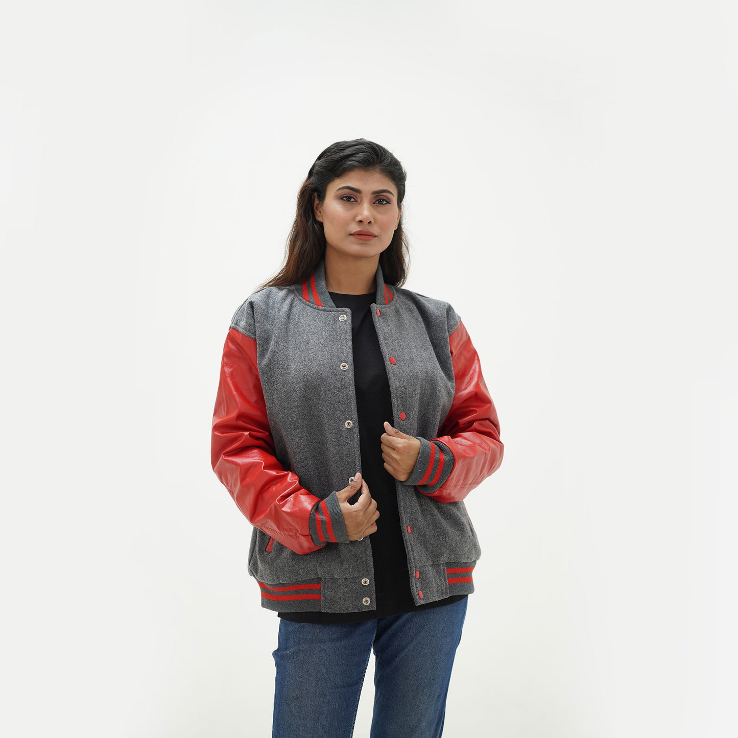 Women's Letterman Jacket Grey And Red Leather Sleeves Wool Body Varsity Jacket