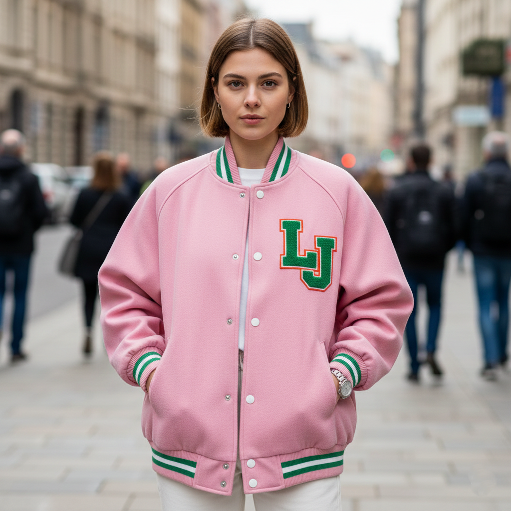 A girl wearing a pink varsity jacket with 'LJ' emblem on a city street.