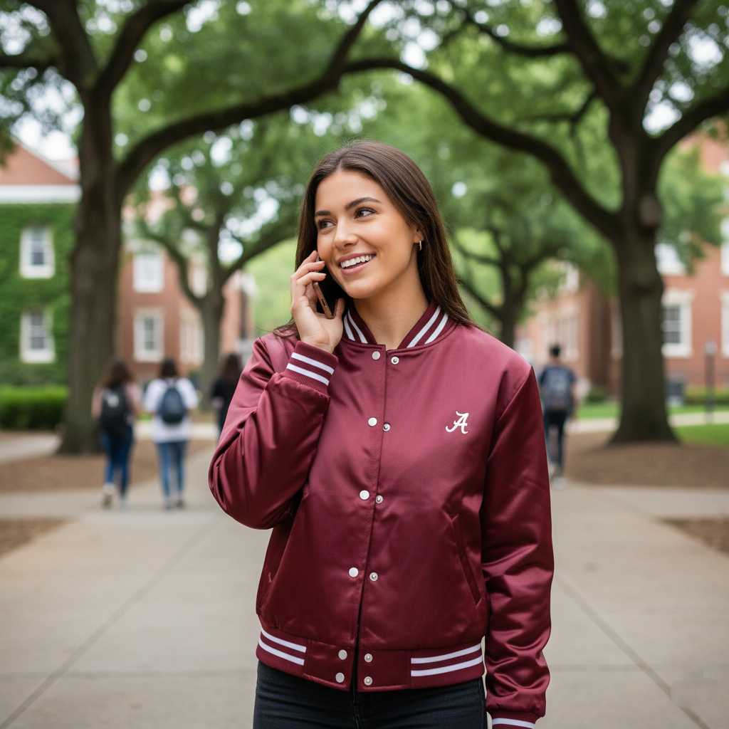Woman in a maroon letterman jacket with a logo on a college campus