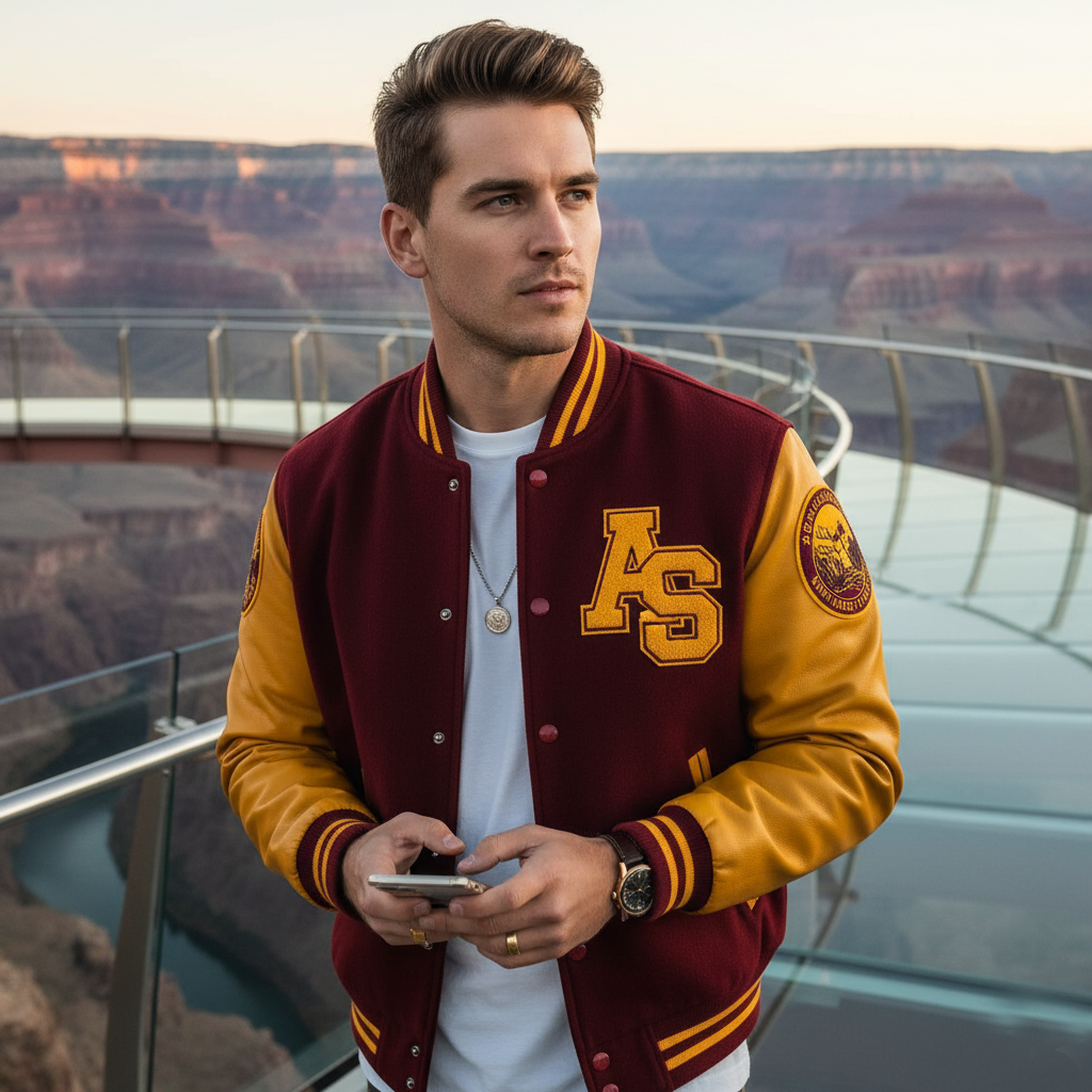 Man wearing a maroon and yellow varsity jacket with 'AS' on a scenic overlook.