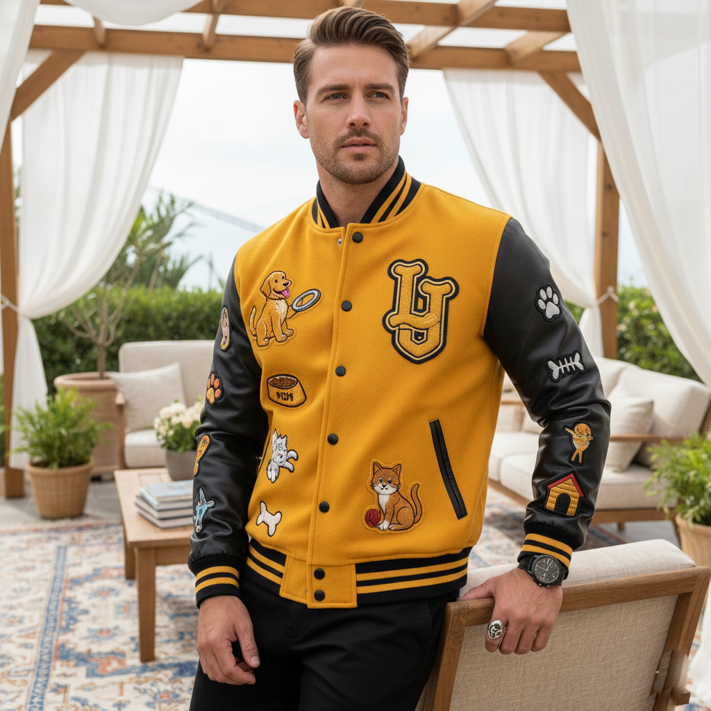 Man wearing a yellow and black varsity jacket with pet related patches outdoors