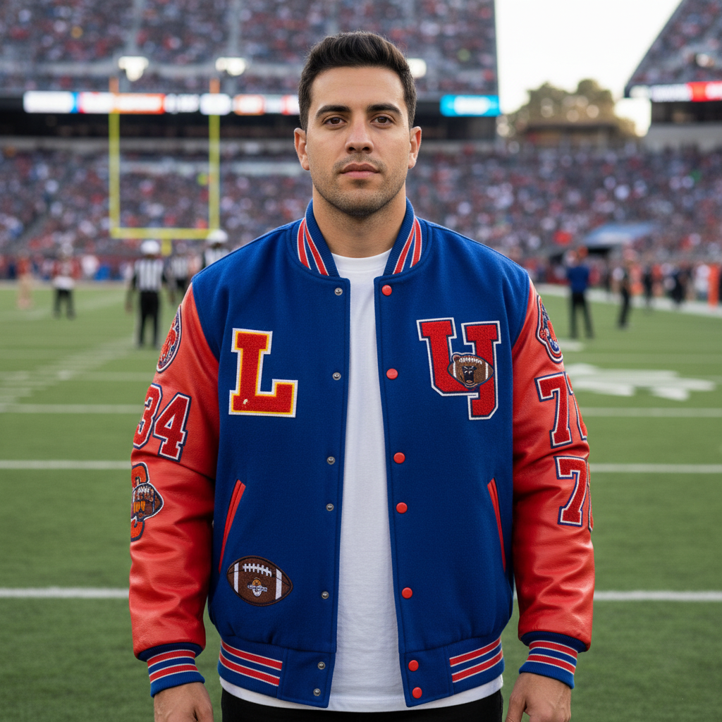 Man wearing a blue and red letterman jacket on a football field