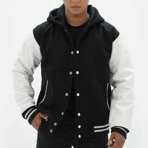 Black and white letterman jacket with hoodie - premium Melton wool body and genuine cowhide white leather sleeves