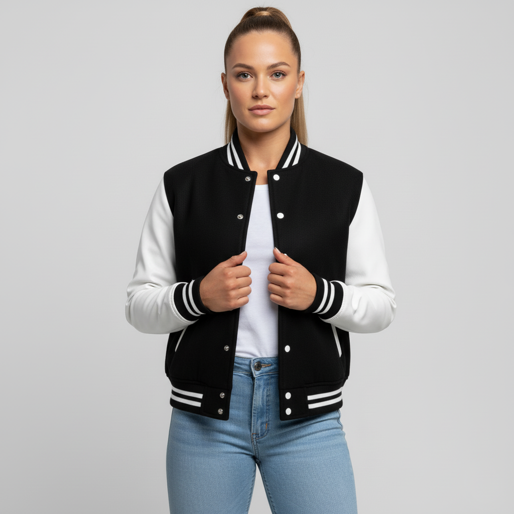 Woman wearing a black and white varsity jacket on a gray background