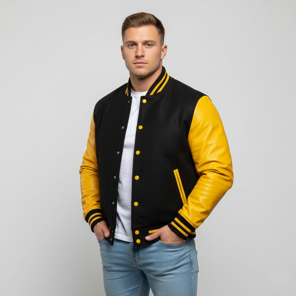 Man wearing a black and yellow varsity jacket on a light gray background