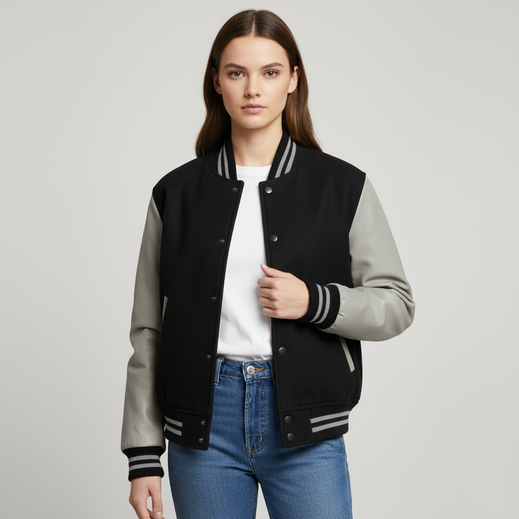 Woman wearing a black and gray varsity jacket on a light gray background