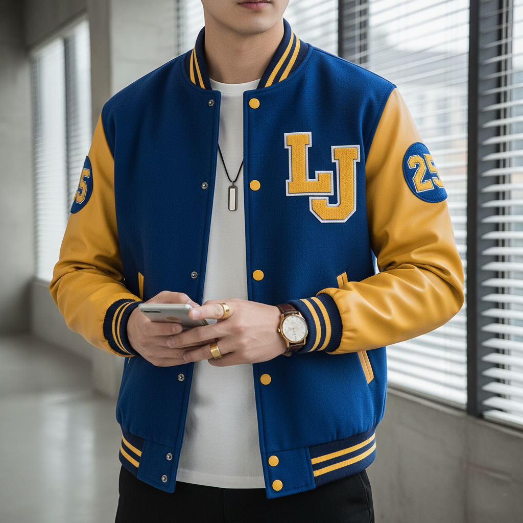 Person wearing a blue and yellow letterman jacket with 'LJ' initials, holding a phone.