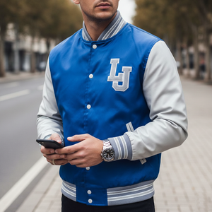 a man earing Bomber Varsity Jackets, holding phone in his hands in a street